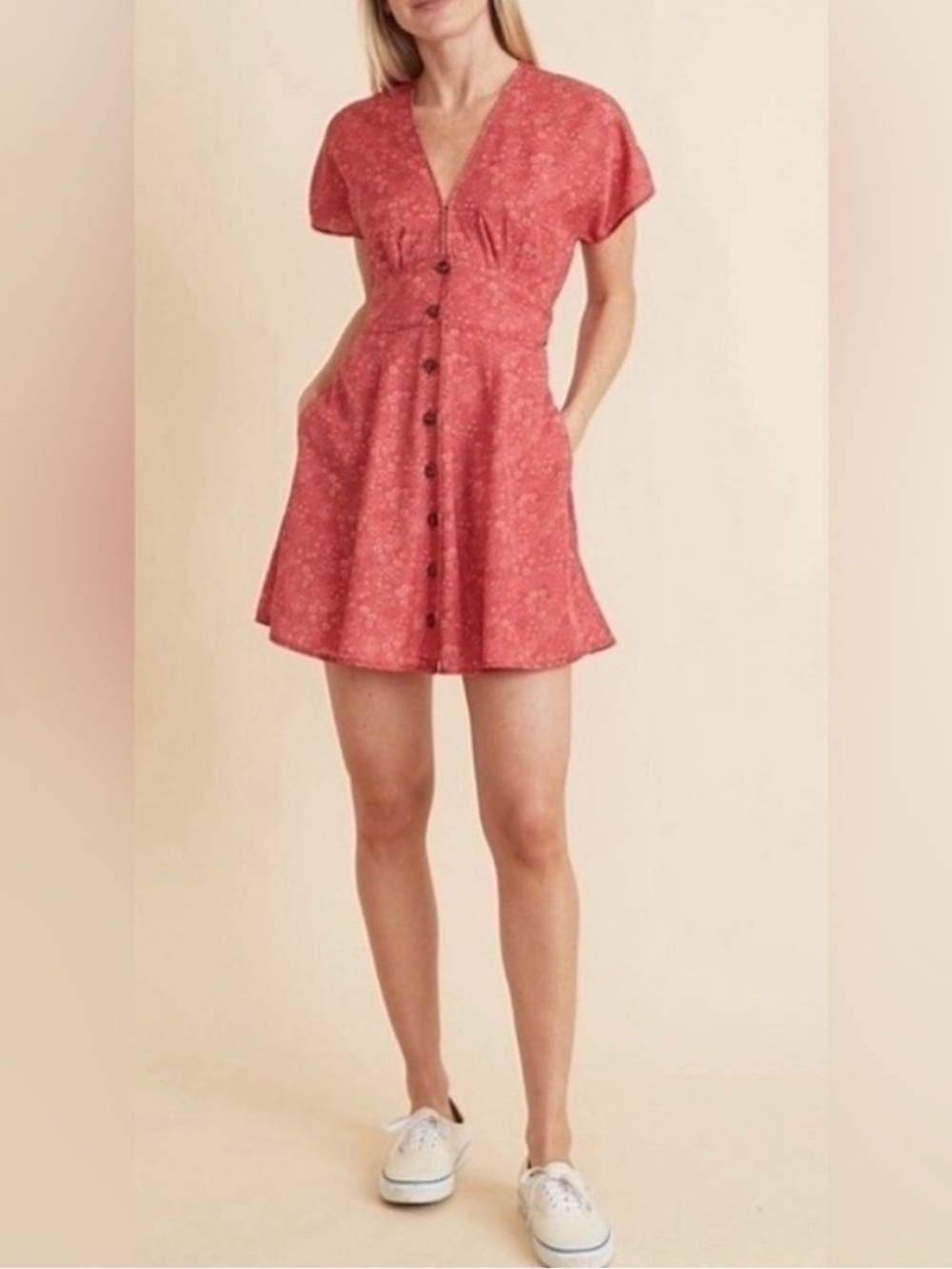 Marine Layer Camila Dress - Coral Red Button-Front Mini - Picture 11 of 12